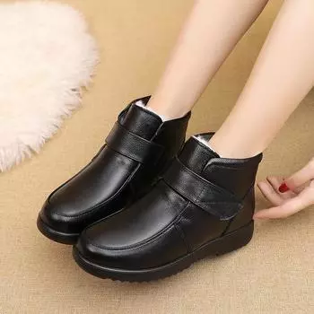 Зимняя мода натуральная кожа повседневная хлопковая обувь женские толстые плюшевые теплые плоские ботильоны для мам водонепроницаемые нескользящие ботинки 35 чёрный