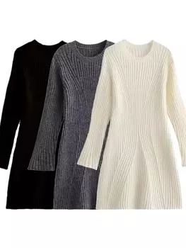 Зимняя мода облегающее платье с круглым вырезом и длинным рукавом женское винтажное повседневное эластичное однотонное трикотажное платье женское дизайнерское шикарное облегающее тонкое трикотажное платье новое S чёрный