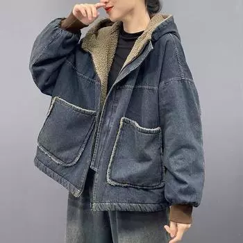 Зимняя мода повседневная джинсовая куртка женская теплая винтажная женская с капюшоном толстая гранулированная флисовая джинсовая куртка свободная верхняя одежда 3XL синий