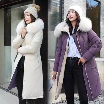 Зимняя мода с капюшоном, большим меховым воротником, мягкие длинные парки, пуховое хлопковое теплое пальто, водонепроницаемая ветровка, куртка, носить с обеих сторон S чёрный