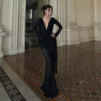 Зимняя мода сексуальное V-образным вырезом темперамент королевская сестра тонкий однотонный перспективный платье S чёрный
