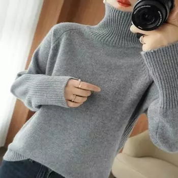 Зимняя мода, свитера с высоким воротником, женские офисные вязаные толстые свободные вязаные свитера, повседневные однотонные трикотажные изделия с длинными рукавами 29986 One Size зелёный