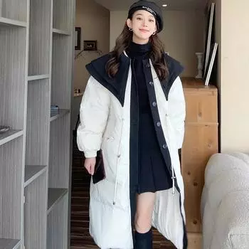 Зимняя мода, темно-синий воротник, свободные женские белые утиные пуховые пальто, женские длинные пуховики S чёрный