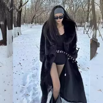 Зимняя мода темный удлиненный до колена утолщенный теплый меховой плащ искусственный мех пальто женский S