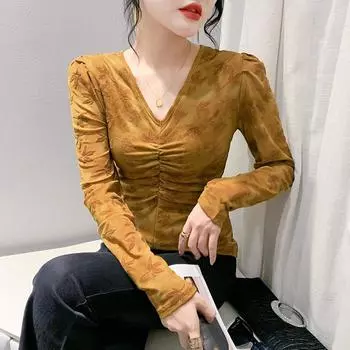 Зимняя мода Топ с V-образным вырезом Темперамент Длинные рукава Футболка Женская нижняя рубашка Внутренняя рубашка S