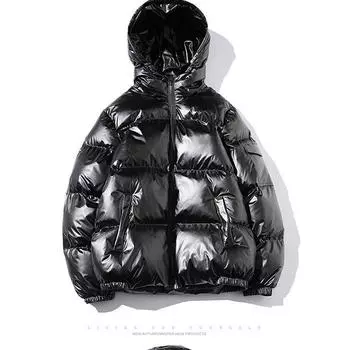Зимняя мода утолщенный капюшон свободный глянцевый хлопчатобумажный наполнитель одежда мужская широкая ветровка свободный повседневный хлеб одежда хлопчатобумажный наполнитель куртка M чёрный