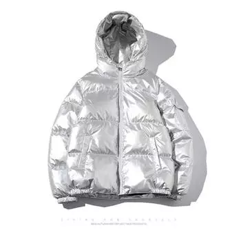 Зимняя мода утолщенный капюшон свободный глянцевый хлопчатобумажный наполнитель одежда мужская широкая ветровка свободный повседневный хлеб одежда хлопчатобумажный наполнитель куртка M чёрный
