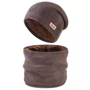 Зимняя мода утолщенный шарф шапка комплект из двух предметов женский тренд универсальный трикотажный флис теплый костюм мужской коричневый
