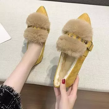 Зимняя мода женские повседневные туфли без застежек плюс бархатные теплые остроносые плоские прогулочные туфли домашние мокасины 35 жёлтый
