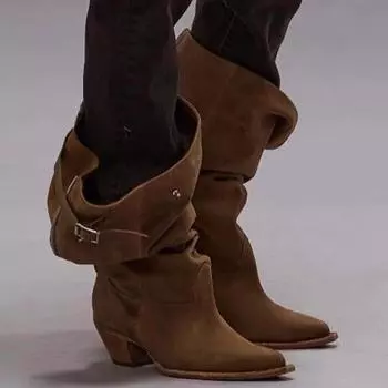 Зимняя мода женские высокие сапоги замшевые туфли с острым носком дизайнерские ботинки челси на среднем каблуке 2024 года новые тенденции гладиаторские сапоги Zapatos Femme 37 коричневый