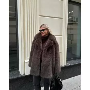 Зимняя мода Женское пальто из искусственного меха Толстое теплое пальто с отложным воротником и длинным рукавом Повседневная пушистая куртка Верхняя одежда Свободное пальто L жёлтый