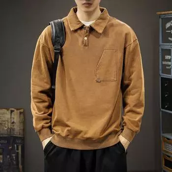 Зимняя модная брендовая американская ретро рубашка-поло свитер мужская свободная большого размера с сильной потертостью старый повседневный лацкан S темный кофе