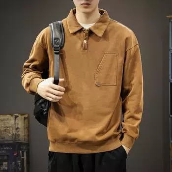 Зимняя модная брендовая американская ретро рубашка-поло свитер мужская свободная большого размера с сильной потертостью старый повседневный лацкан S чёрный