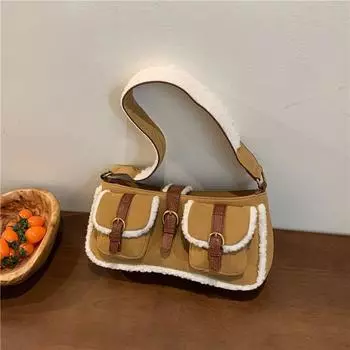 Зимняя модная европейская и американская одноплечевая женская сумка с бахромой из кожи и поясом 2023 года, новая тенденция овечьей шерсти, сумка подмышкой