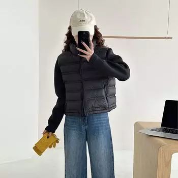 Зимняя модная короткая хлопковая куртка-пуховик для невысоких женщин с воротником-стойкой и пальто с вставками в тренде S бежевый