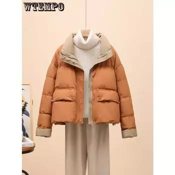 Зимняя модная куртка из пуха и хлопка с воротником-стойкой, короткая, контрастного цвета, толстое свободное пальто M чёрный