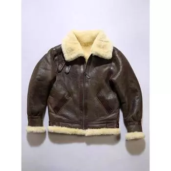Зимняя модная мужская куртка из натуральной овчины 2024 года из натуральной овчины с шерстяной подкладкой в винтажном стиле для мотоциклистов XXXXXL XXL коричневый