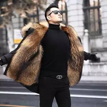 Зимняя модная мужская парка средней длины из искусственного меха, одежда из утолщенного меха енота, зимнее пальто с подкладкой из меха енота M