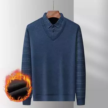 Зимняя модная повседневная мужская одежда для среднего возраста и пожилых людей, утолщенный топ из двух предметов на флисовой подкладке, толстая термоодежда для папы, футболка M