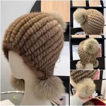 Зимняя модная шапка из натурального меха норки для женщин, вязаная теплая шапка с ушками из меха норки, шапка-бини со спиральным узором и помпоном из лисьего меха на макушке One Size