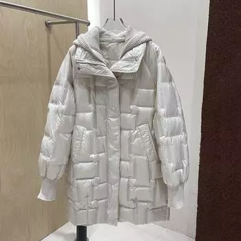 Зимняя модная толстая съемная вязаная шапка длинный пуховик женская зимняя теплая куртка XL белый