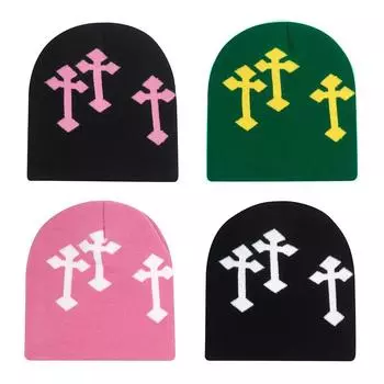 Зимняя модная вязаная шапка для женщин и мужчин, сохраняющая тепло, парные шапки Skullies, ветрозащитные весенние велосипедные шапки с крестообразным декором, шапка-бини One Size