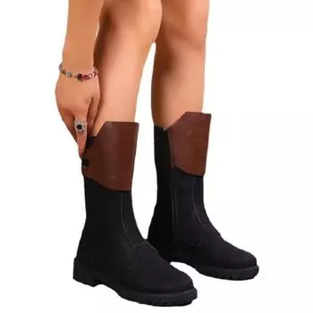 Зимняя модная женская обувь. Женские ботинки до середины икры с боковой молнией. Женская обувь на квадратном каблуке. Повседневные женские ботинки на низком каблуке. 36 чёрный