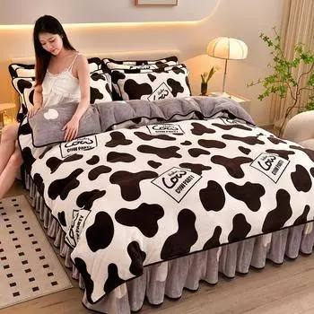 Зимняя молочная клетчатая юбка из четырех предметов, толстая двусторонняя фланелевая бархатная простыня, пододеяльник, зимняя кровать из кораллового флиса 1.2m bed skirt