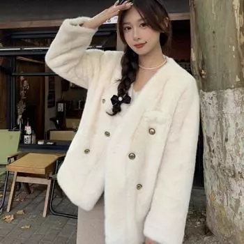 Зимняя молодая экологичная норковая короткая V-образная горловина меховая интегрированная норковая плюшевая меховая шуба из травяного меха для женщин S