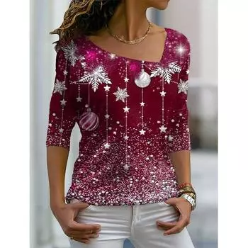 Зимняя молодежная симпатичная печатная футболка с V-образным вырезом и длинным рукавом осень/зима женская повседневная футболка XS-8XL S