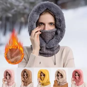 Зимняя мягкая удобная вязаная шапка, теплый шейный платок, маска для лица, утепленный капюшон, флисовая подкладка, утепленная однотонная уличная шапка серый