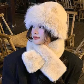 Зимняя мягкая вощеная плюшевая шапка шарф комплект из двух предметов женская теплая сумка из искусственного меха защита головы от холода защита ушей шарф монгольская шапка M56-58cm