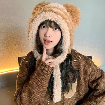 Зимняя мультяшная милая плюшевая шапка с медвежонком корейского выпуска, теплая шапка для девочек с изображением лица, маленькая шапка Баотоу с капюшоном хаки