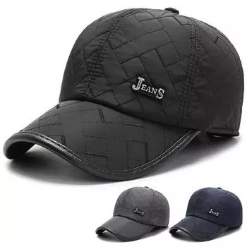 Зимняя мужская бейсболка с вышитыми ромбами, бархатная толстая кепка, защита ушей от холода, теплая хлопковая кепка для людей среднего и пожилого возраста чёрный