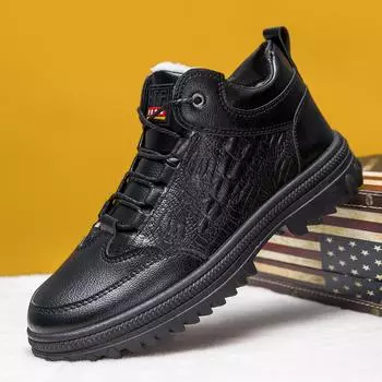 Зимняя мужская деловая обувь из искусственной кожи на флисовой подкладке. Теплые уличные туфли с высоким берцем и противоскользящей подошвой. Мужские повседневные короткие ботинки на меховой подкладке.