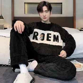 Зимняя мужская флисовая повседневная пижама с длинным рукавом, коралловый бархат, милая мультяшная пижама, плюшевая, утепленная, теплая домашняя одежда M