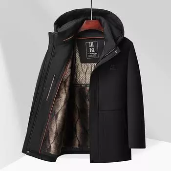 Зимняя мужская хлопчатобумажная одежда для пожилых отцов, бархатная куртка с капюшоном, мужская куртка с хлопчатобумажной подкладкой 175 чёрный