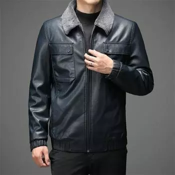 Зимняя мужская интегрированная кожаная куртка с плюшем и толстым мехом, повседневная теплая и ветрозащитная куртка для папы из искусственной кожи