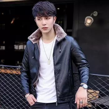 Зимняя мужская кожаная куртка из искусственной кожи, хлопковая куртка из зеленого меха, цельная, с утолщенным бархатом, с капюшоном, тонкая, мужская, модная M