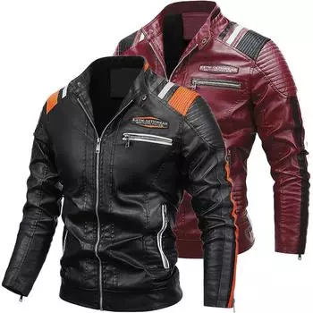 Зимняя мужская кожаная куртка New Locomotive Slim Fit Velvet Stand-up Collar PU Leather Jacket Men L