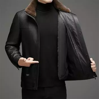 Зимняя мужская кожаная куртка, повседневная, с воротником-стойкой, флисовая, утолщенная, с подкладкой, кожаная куртка для папы 170 чёрный