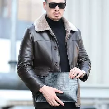 Зимняя мужская кожаная куртка с лацканами из овчины, кожаная куртка средней длины, интегрированная меховая куртка Dad Tide M