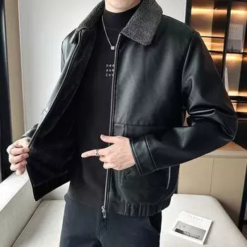 Зимняя мужская кожаная куртка с плюшем и утолщенной курткой из искусственной кожи. Мужская короткая теплая кожаная куртка с мехом овчины. M