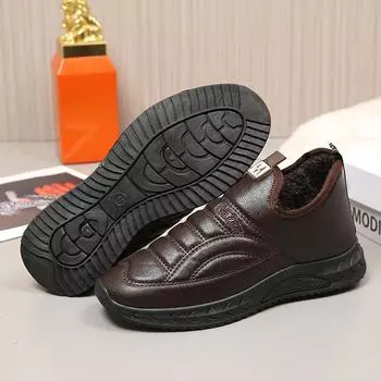 Зимняя мужская кожаная обувь, плюшевые непромокаемые зимние ботинки из искусственной кожи, хлопковая обувь, повседневная теплая обувь для хлеба 38 чёрный