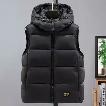Зимняя мужская куртка без рукавов с капюшоном, парка, повседневный толстый теплый черный жилет для мужчин, верхняя одежда M чёрный