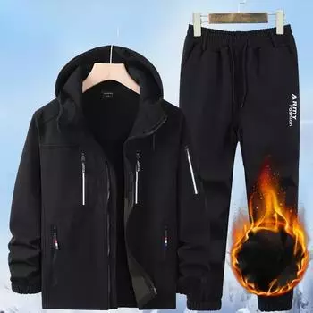 Зимняя мужская куртка для активного отдыха, костюм плюс бархатная водонепроницаемая куртка, комбинезон, утепленный и холодный костюм из 2 предметов XXXXL чёрный