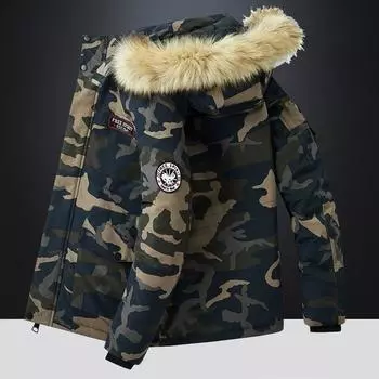 Зимняя мужская куртка для отдыха на открытом воздухе с капюшоном и съемным меховым воротником, толстая теплая хлопковая куртка, мужская куртка больших размеров с камуфляжным принтом из хлопка M белый