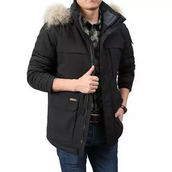 Зимняя мужская куртка для отдыха на открытом воздухе с меховым воротником, повседневное пальто, осенняя теплая толстая куртка, мужская парка с капюшоном, флисовая подкладка, теплое пальто XS чёрный