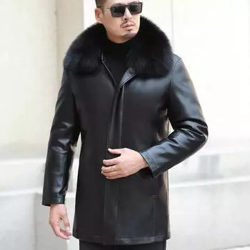 Зимняя мужская куртка из натуральной кожи, ветровка средней длины, пуховик, кожаная куртка, повседневная куртка из овчины с утолщенными лацканами M