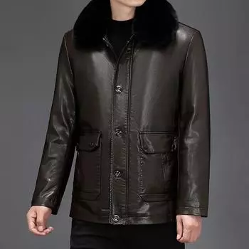 Зимняя мужская куртка из натуральной кожи с бархатом и утолщением, кожаная куртка с меховой отделкой для мужчин среднего возраста M